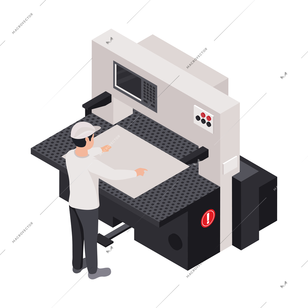 Isometric character of worker using printing equipment in publishing house 3d vector illustration