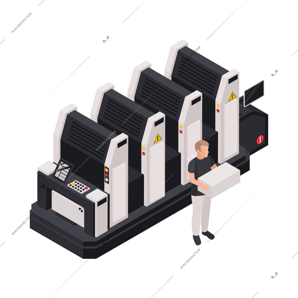 Printing house equipment and worker holding stack of papers 3d isometric vector illustration