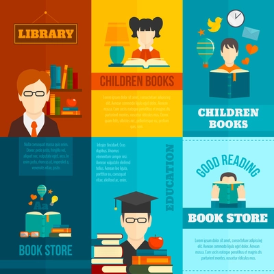 Reading mini poster flat set with library children books store isolated vector illustration