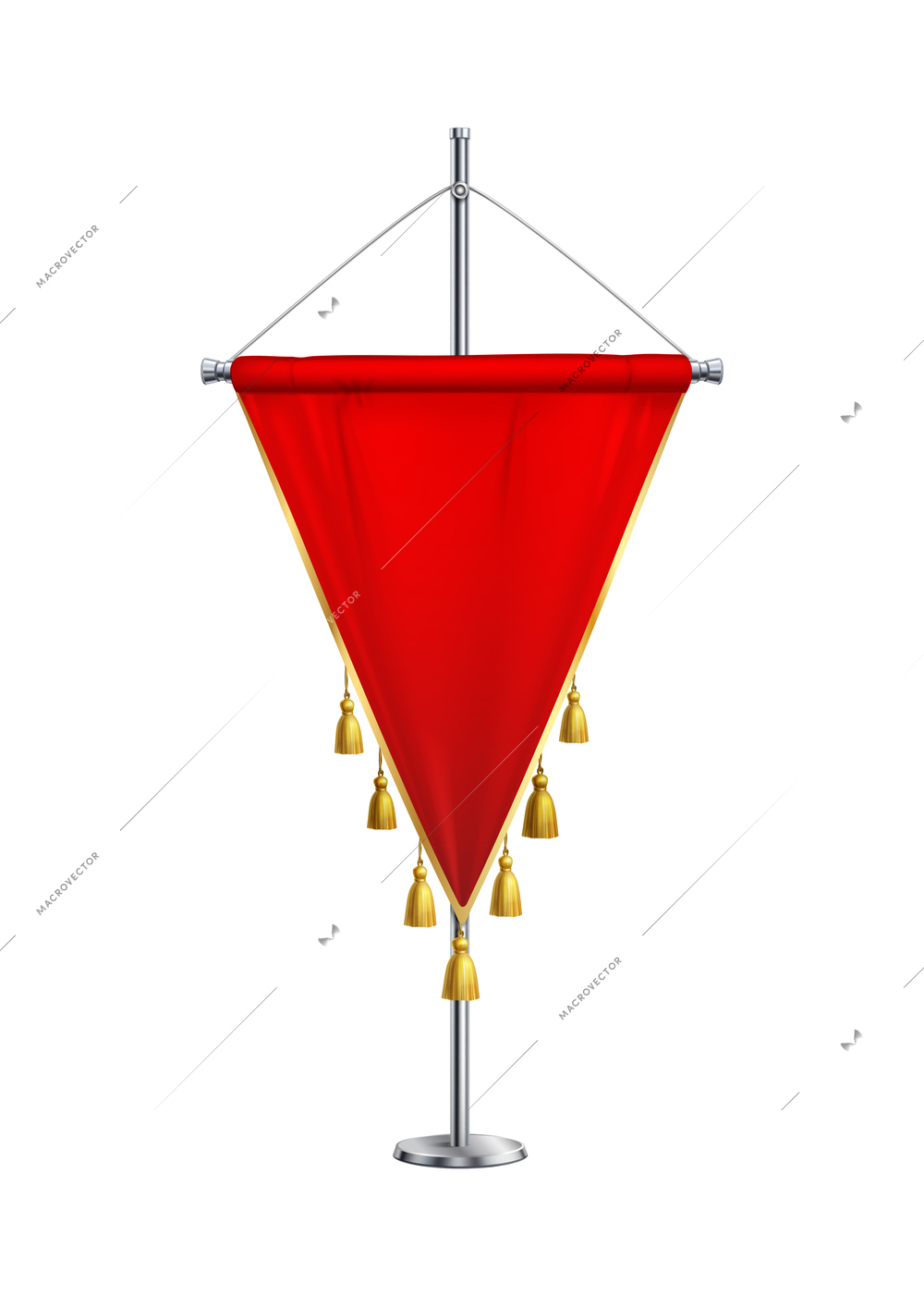 Red triangular satin pennant with golden tassels on steel spire pedestal realistic vector illustration