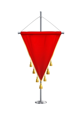 Red triangular satin pennant with golden tassels on steel spire pedestal realistic vector illustration