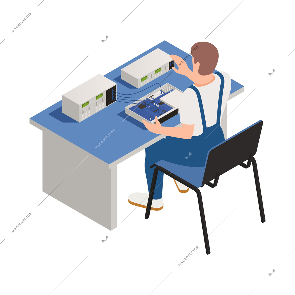 Warranty service center isometric icon with serviceman at work back view 3d vector illustration