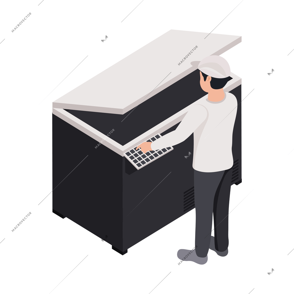 Printing house polygraphy icon with professional equipment and worker 3d isometric vector illustration