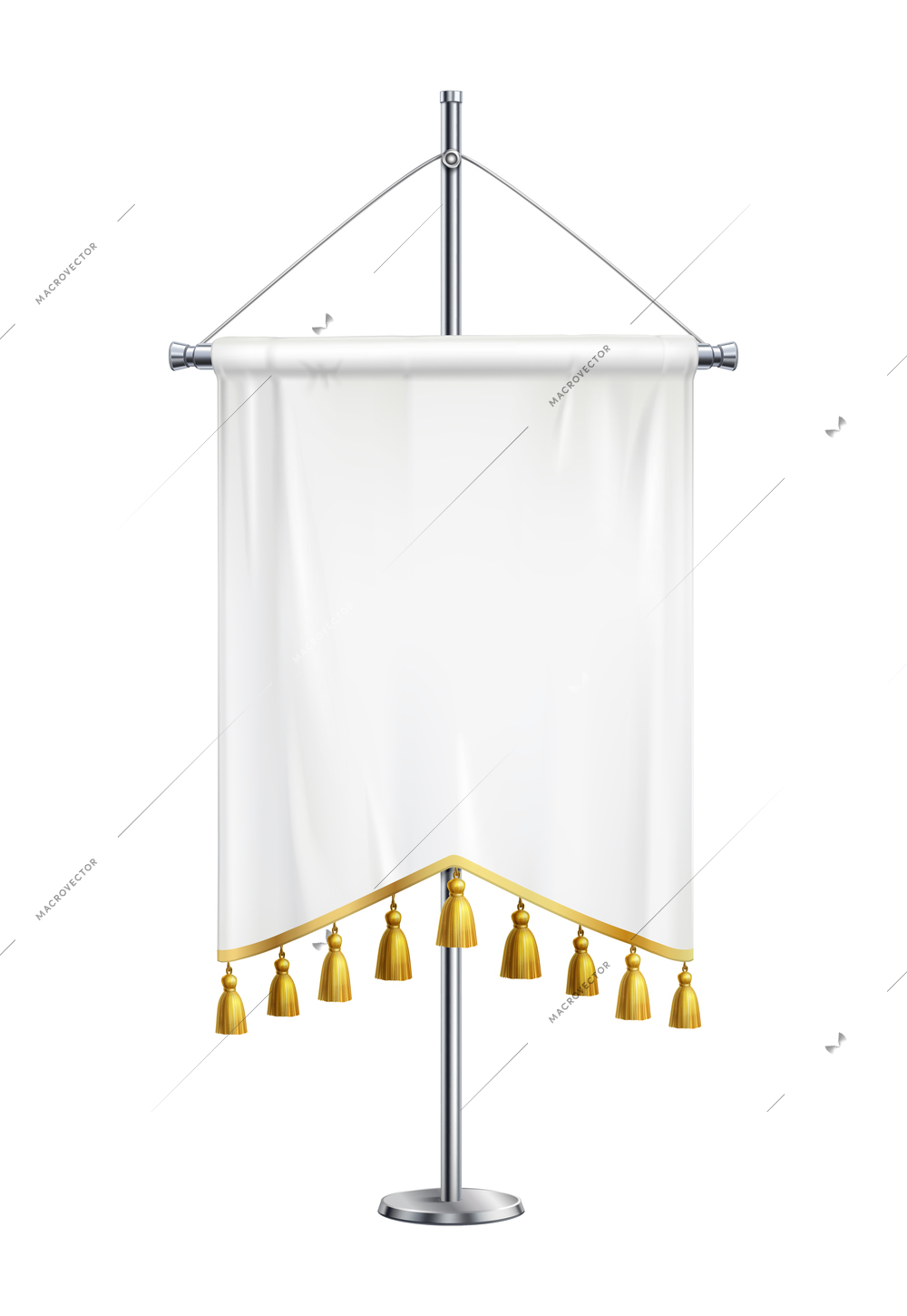 Blank white satin pennant with golden tassels on spire pedestal realistic vector illustration