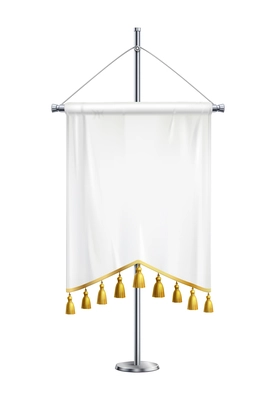 Blank white satin pennant with golden tassels on spire pedestal realistic vector illustration