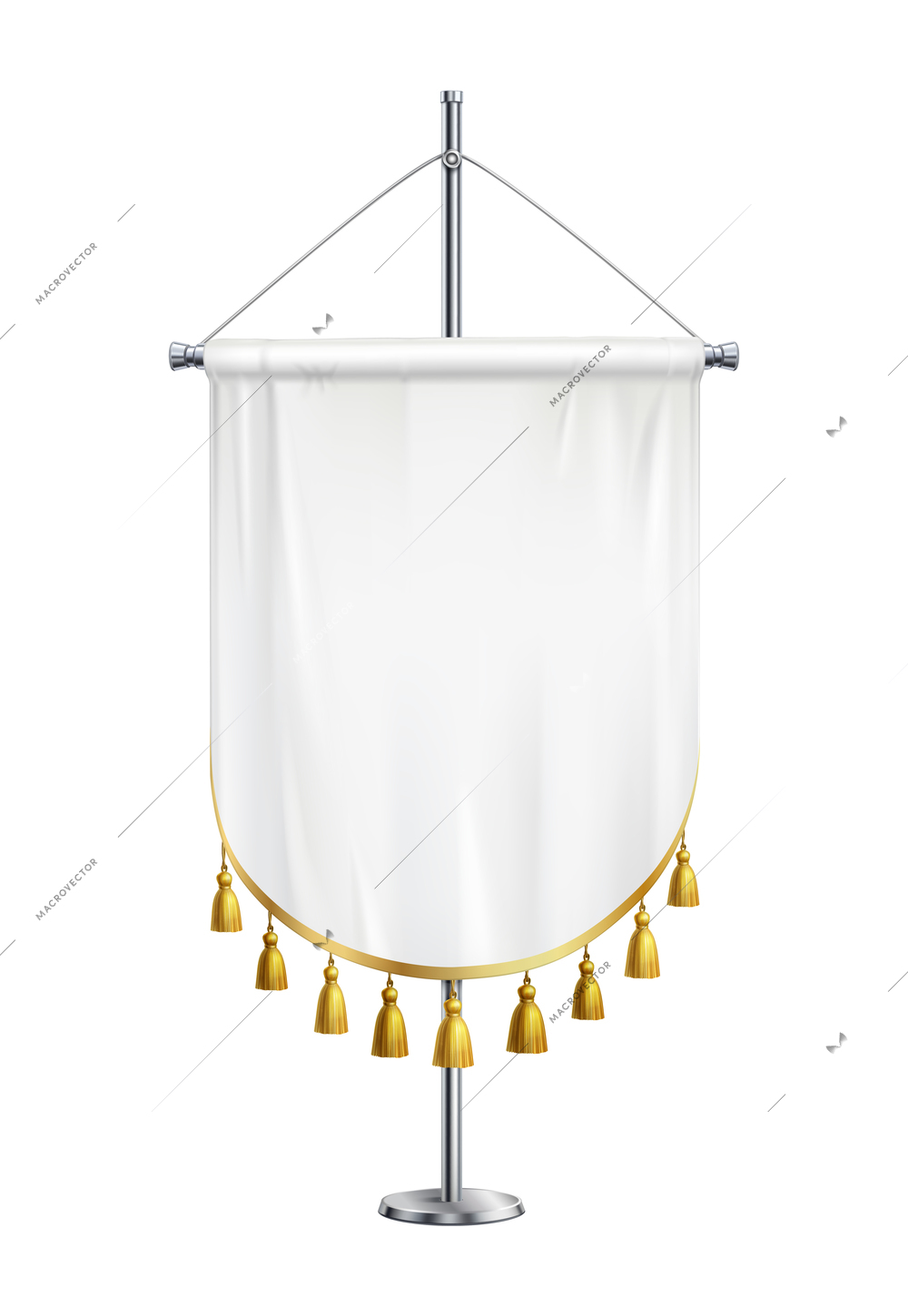 Realistic blank white pennant with golden fringe on stand vector illustration