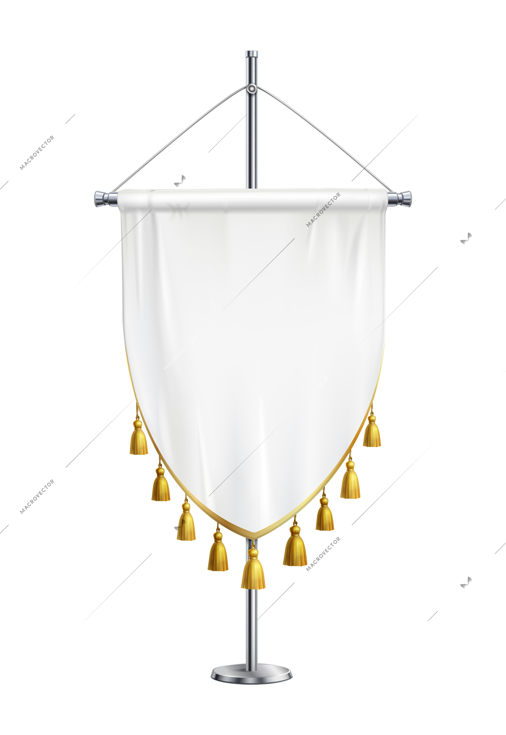 White fabric pennant with golden fringe on steel spire pedestal realistic vector illustration