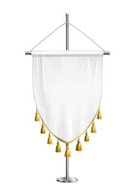 White fabric pennant with golden fringe on steel spire pedestal realistic vector illustration