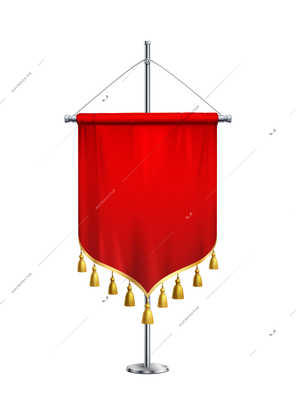 Blank red satin pennant with golden fringe on steel pole realistic vector illustration