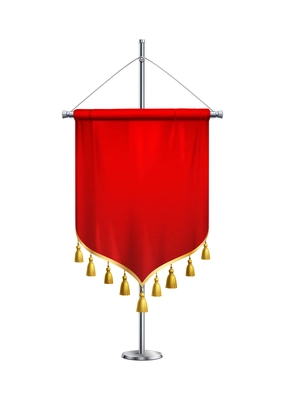 Blank red satin pennant with golden fringe on steel pole realistic vector illustration