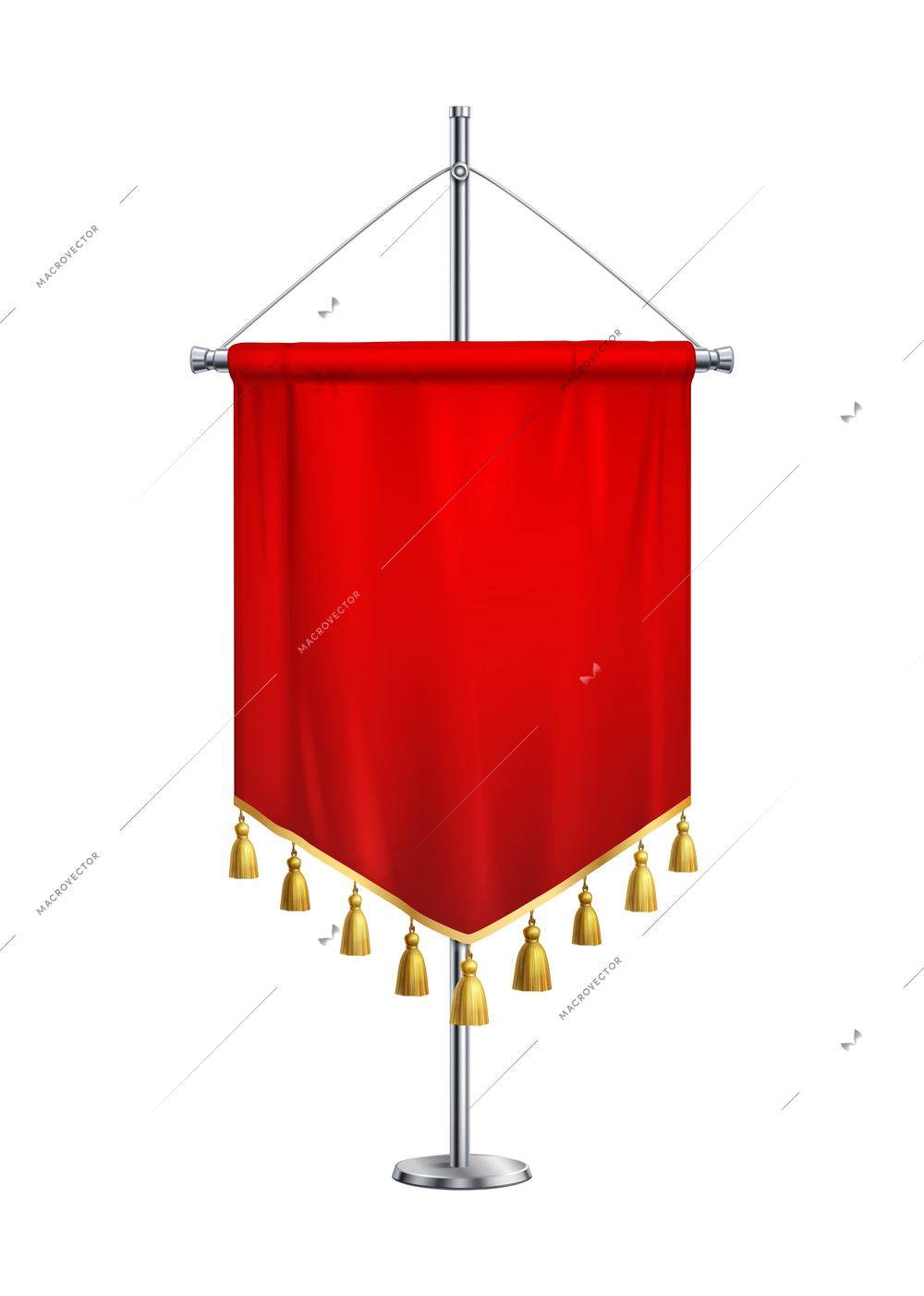 Red satin pennant with golden fringe on metal spire realistic vector illustration