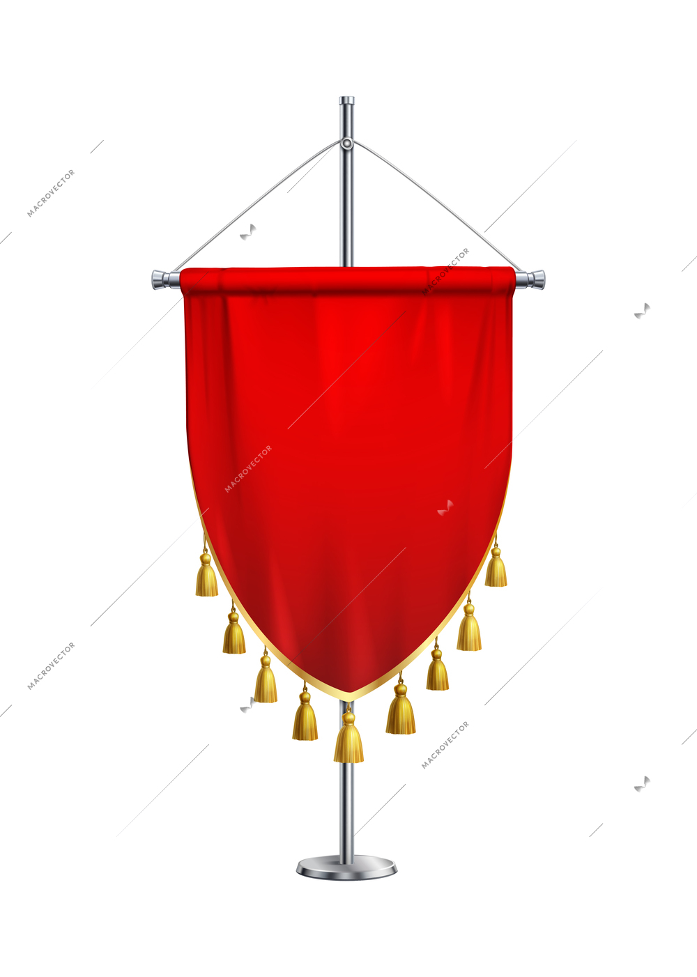 Realistic red pennant with golden fringe on steel pole vector illustration