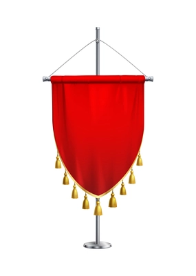 Realistic red pennant with golden fringe on steel pole vector illustration