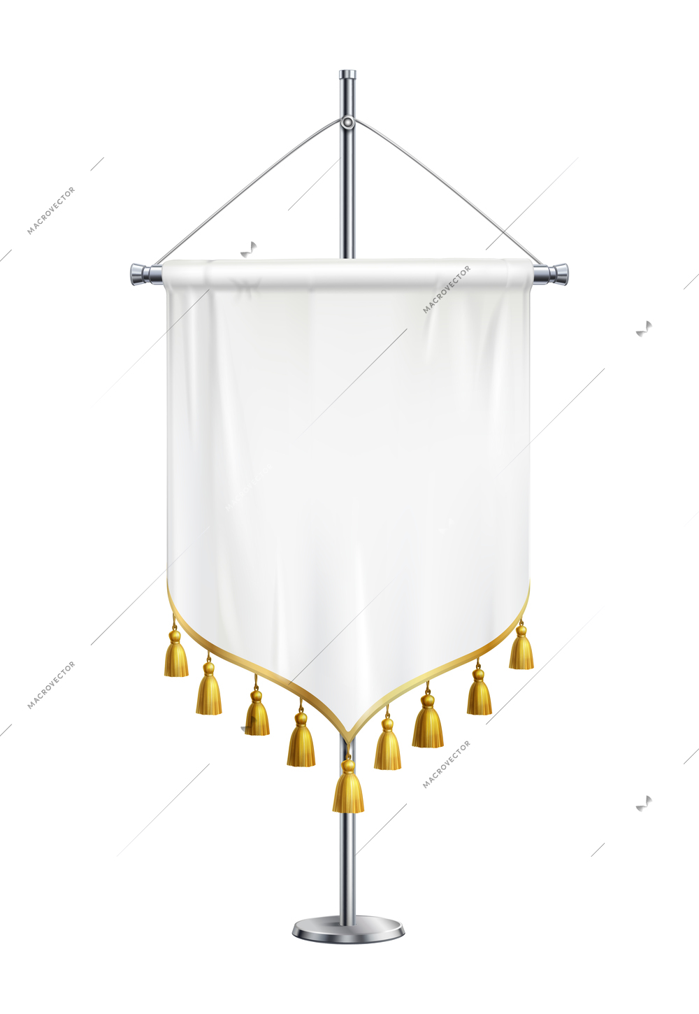 Realistic blank white satin pennant with golden tassels on metal pole vector illustration