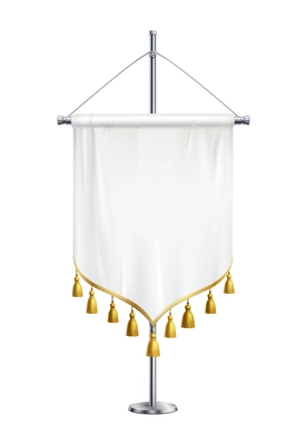 Realistic blank white satin pennant with golden tassels on metal pole vector illustration