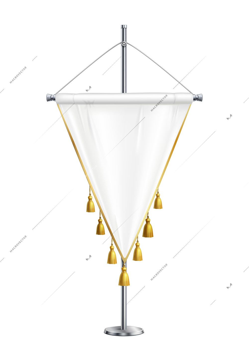 White triangular satin pennant with golden tassels on spire pedestal realistic vector illustration