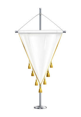 White triangular satin pennant with golden tassels on spire pedestal realistic vector illustration