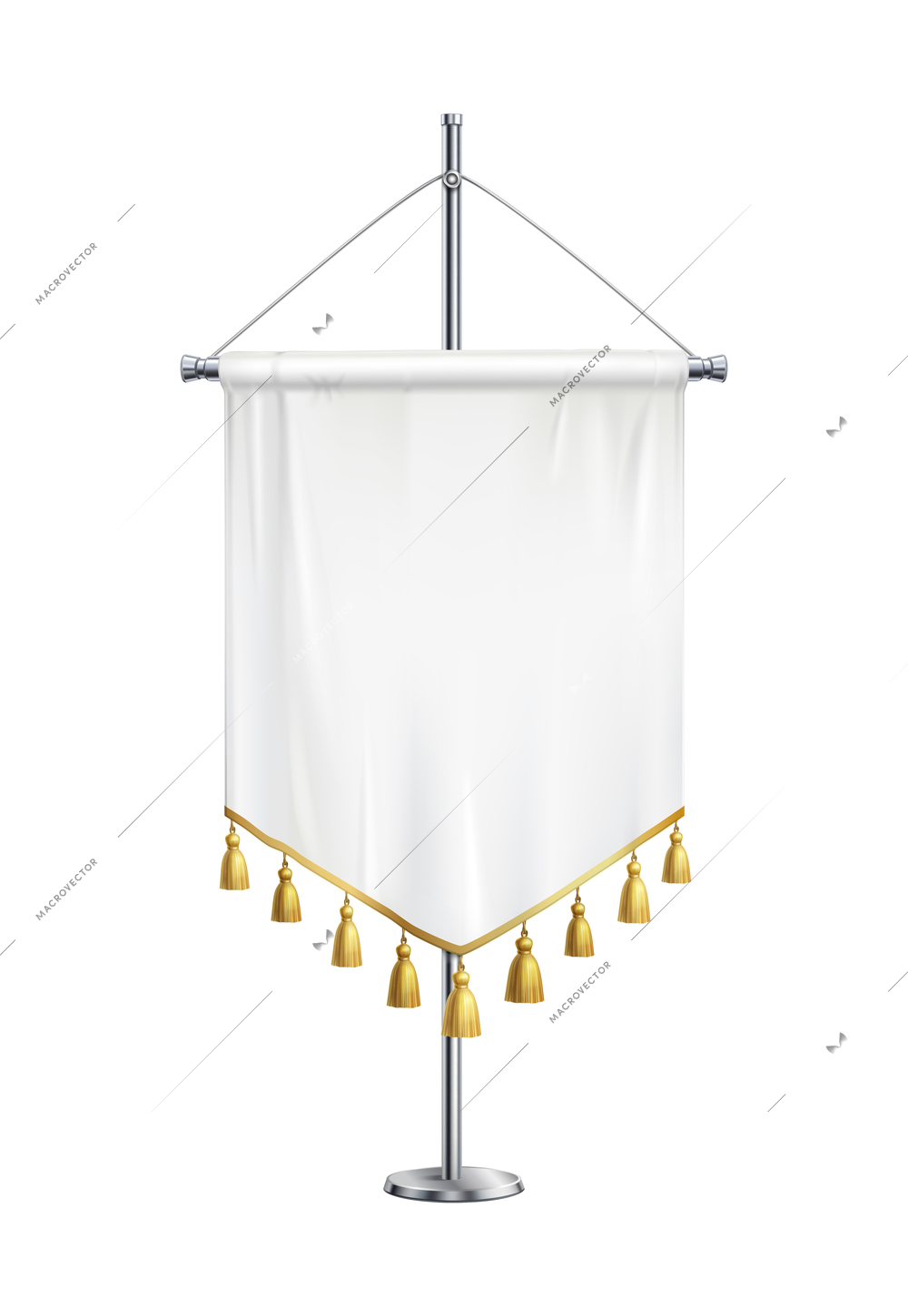 Blank white pennant with golden fringe on metal spire pedestal realistic vector illustration
