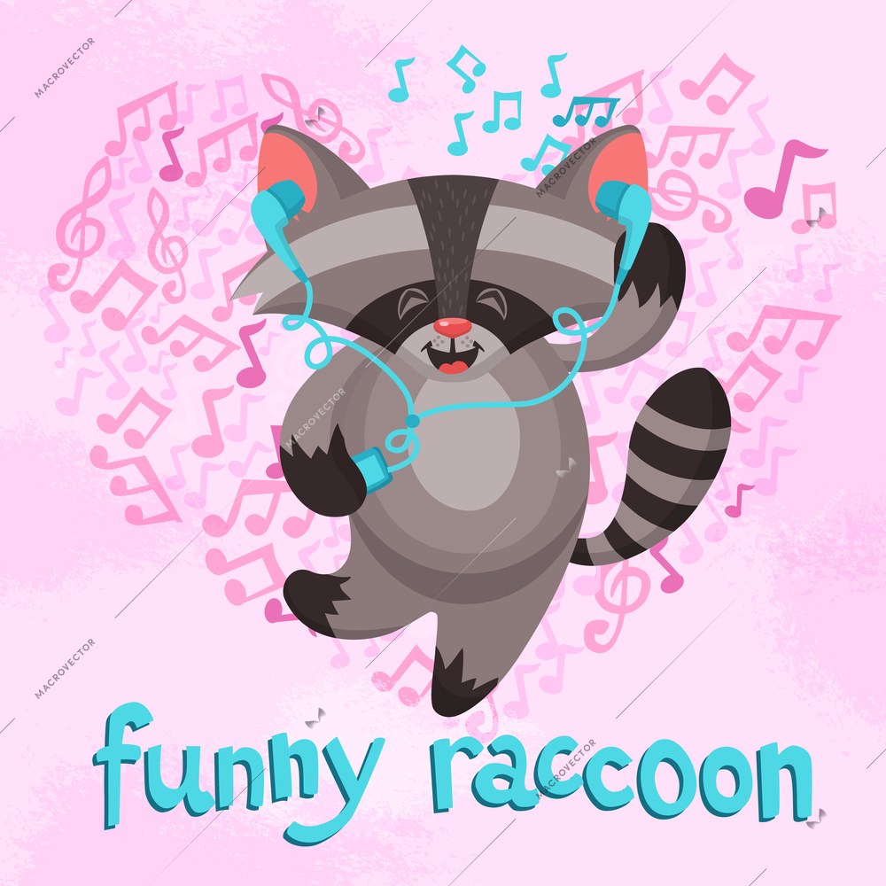 Funny raccoon with mp3 player and notes on background vector illustration