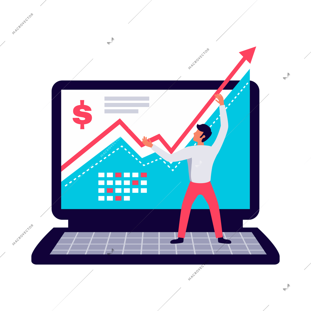 Digital marketing flat icon with character and growing financial chart vector illustration