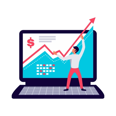 Digital marketing flat icon with character and growing financial chart vector illustration