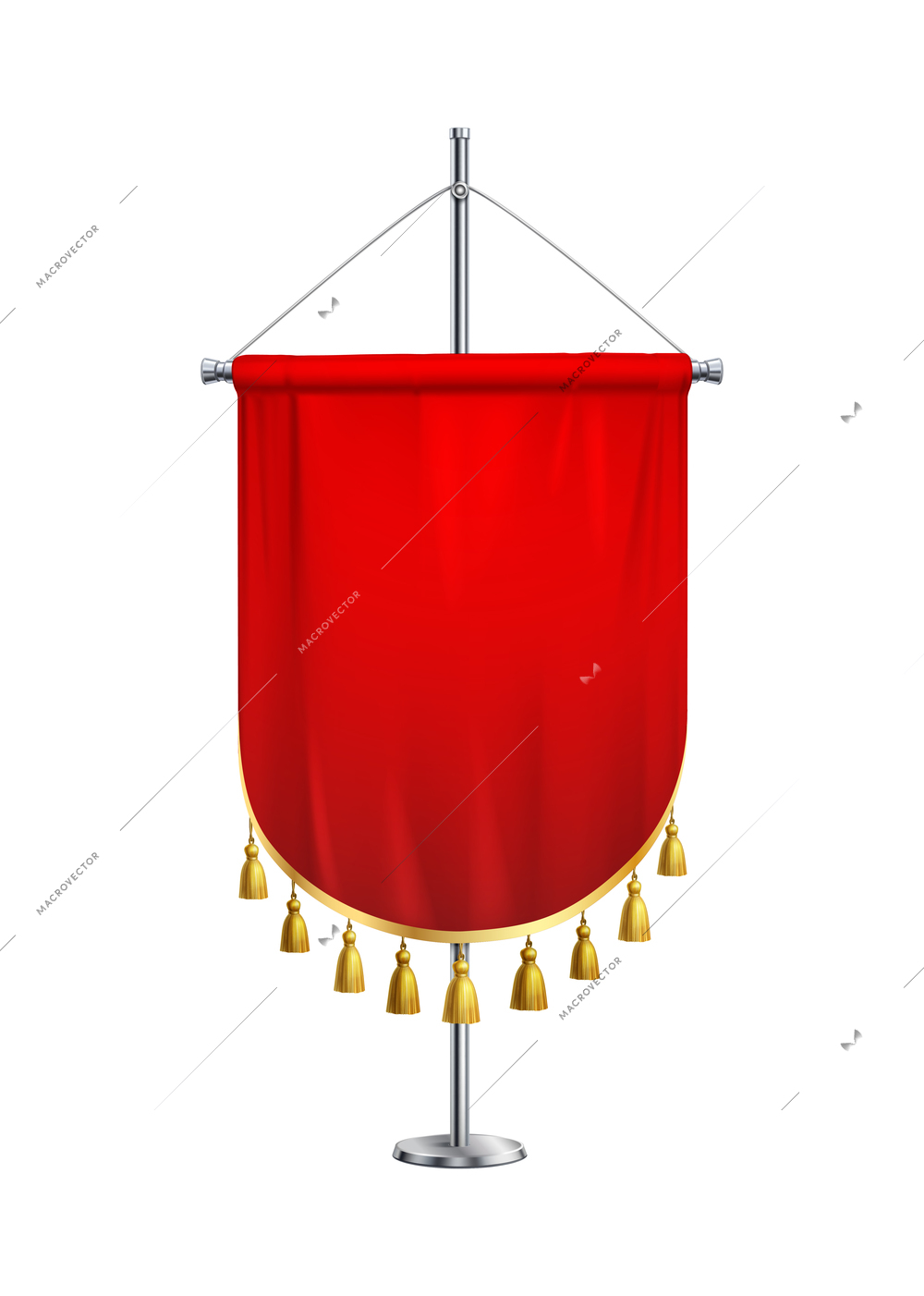 Red satin pennant with tassels on steel spire pedestal realistic vector illustration