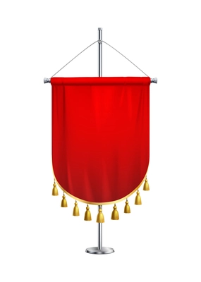 Red satin pennant with tassels on steel spire pedestal realistic vector illustration