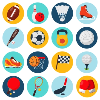 Sport icons set with soccer golf table tennis balls gloves skate bowling equipment isolated vector illustration