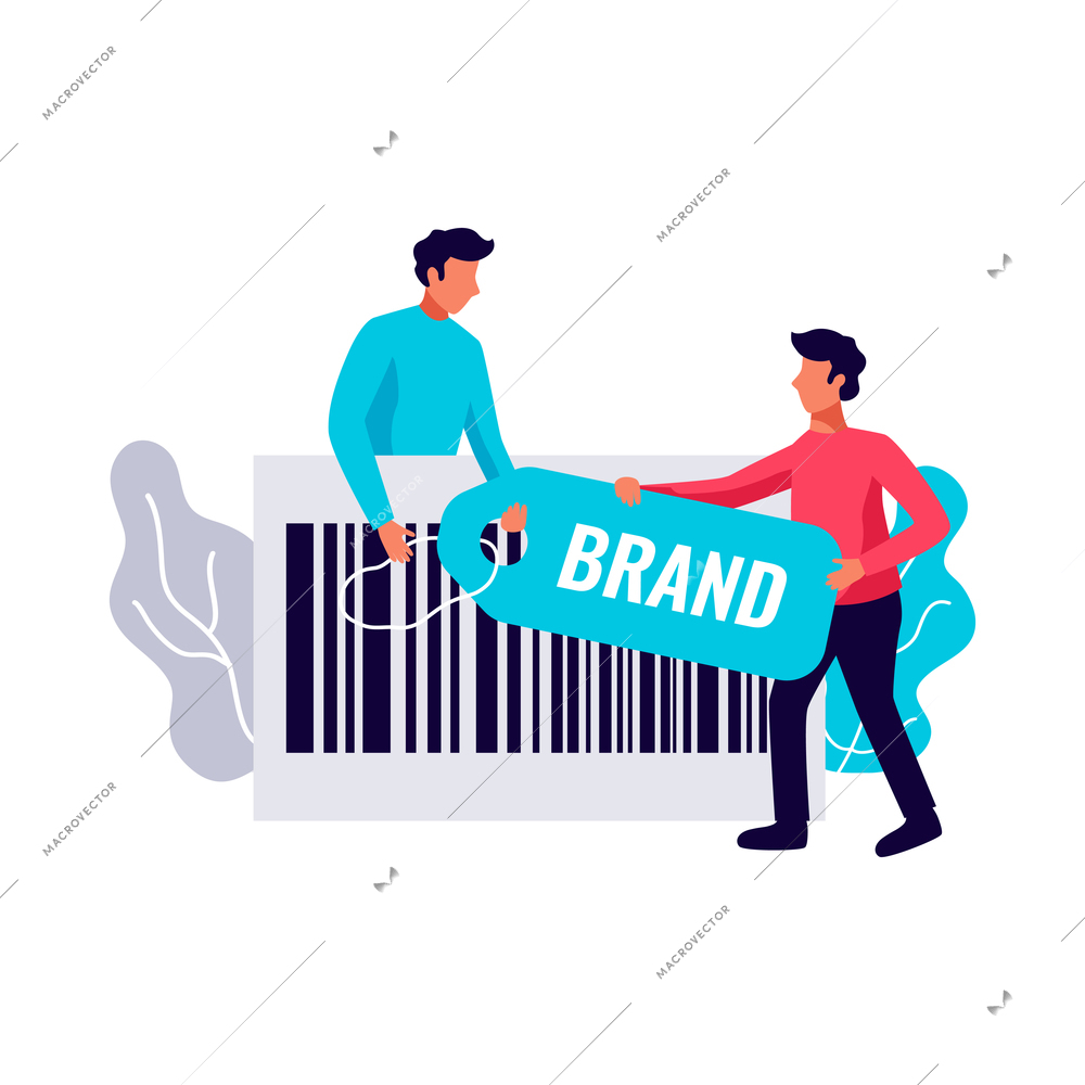 Flat digital marketing concept with two men holding label and barcode vector illustration