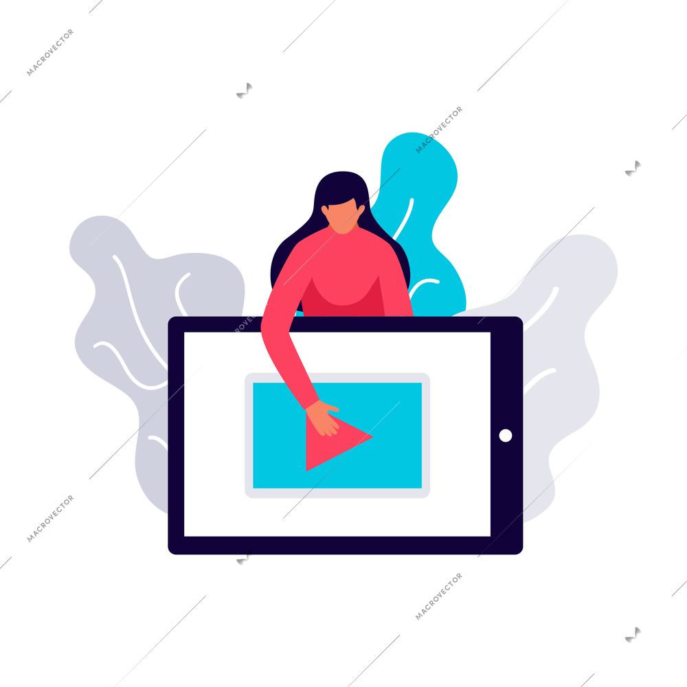 Digital marketing flat composition with female character pressing play button on tablet screen vector illustration