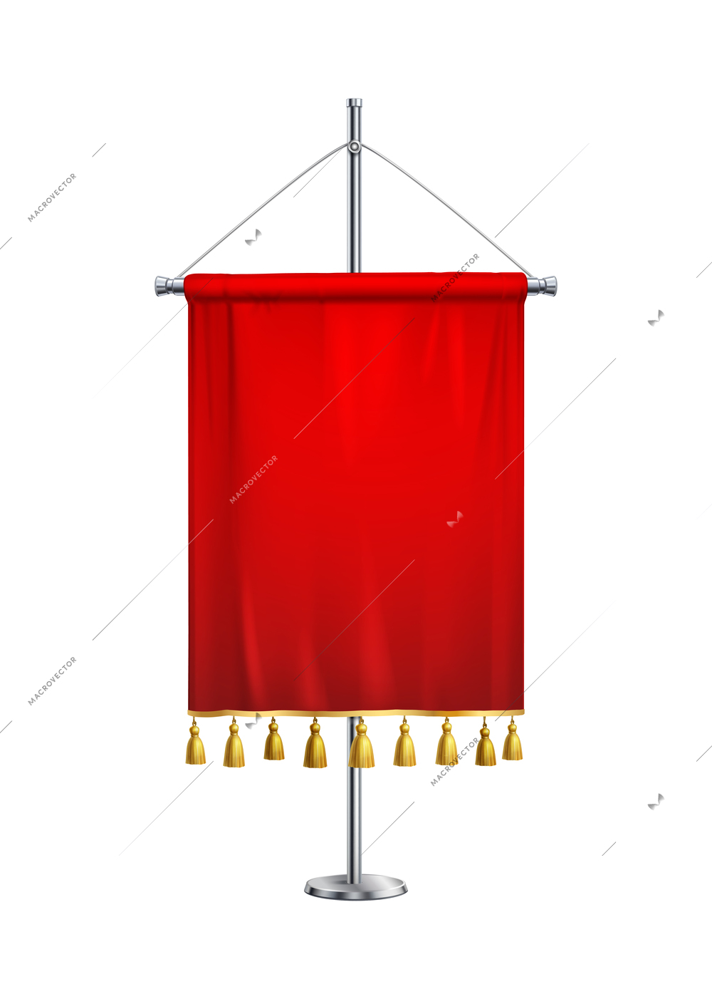 Realistic blank red pennant with golden tassels on steel pedestal vector illustration