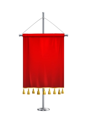 Realistic blank red pennant with golden tassels on steel pedestal vector illustration