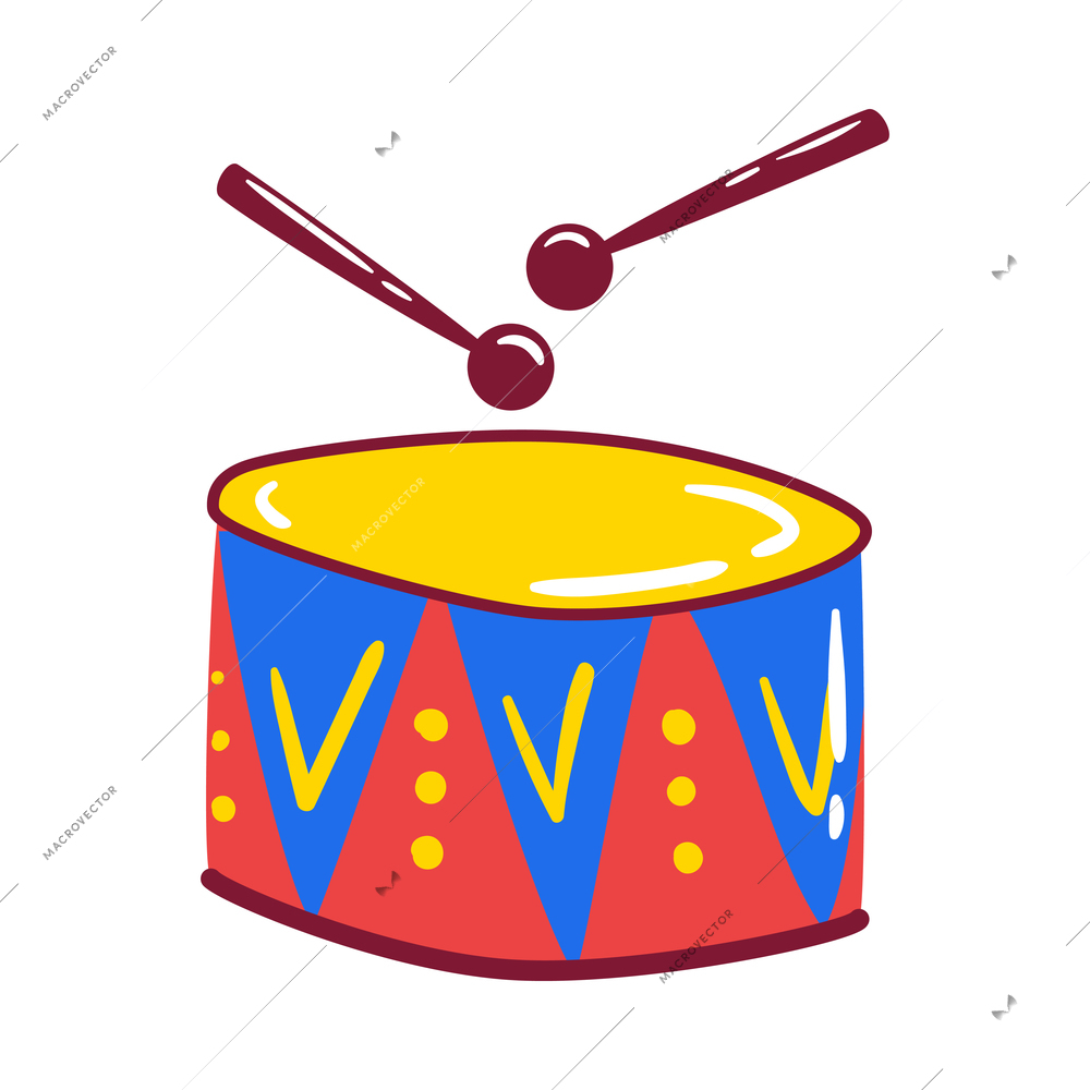 Colorful bright drum with two sticks flat vector illustration