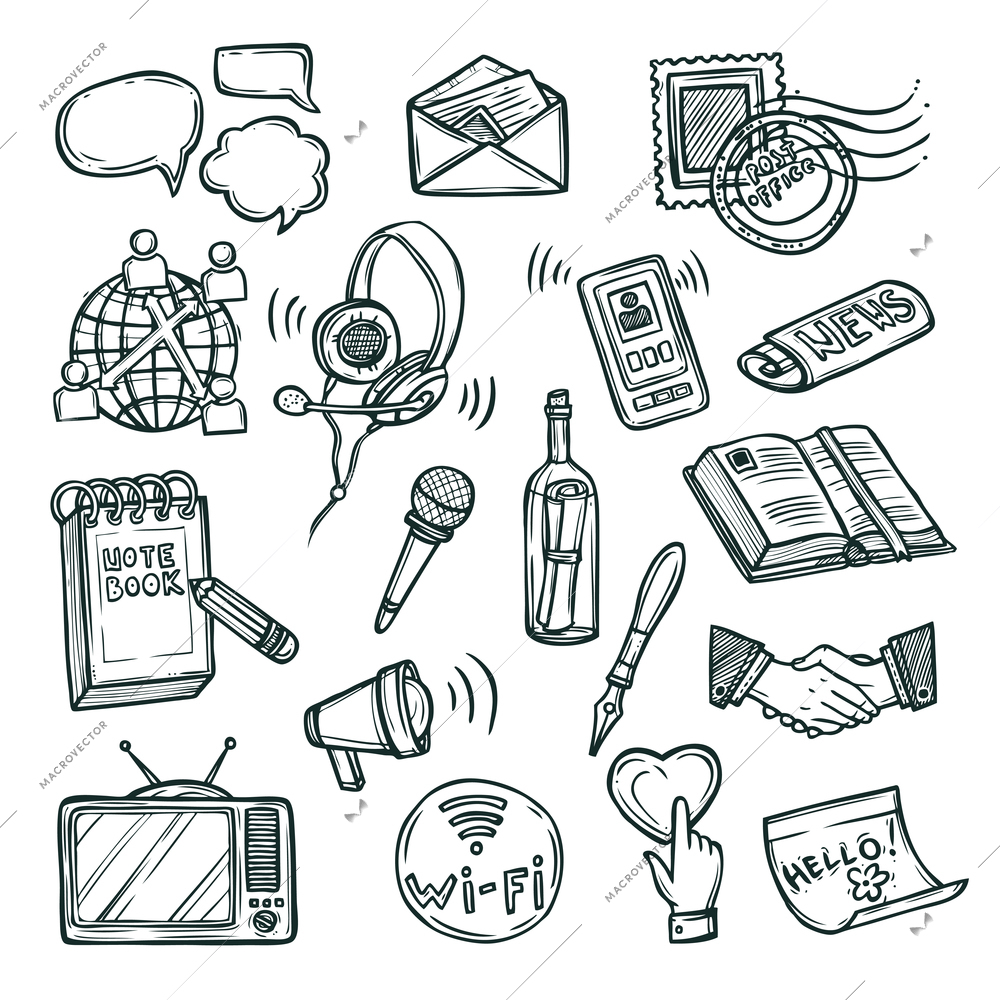 communication doodle decorative icon set with mobile phone notebook handshake symbols isolated vector illustration