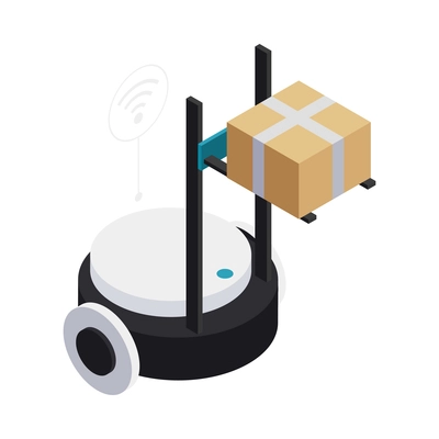 Isometric smart industry icon with robot carrying cardboard box 3d vector illustration