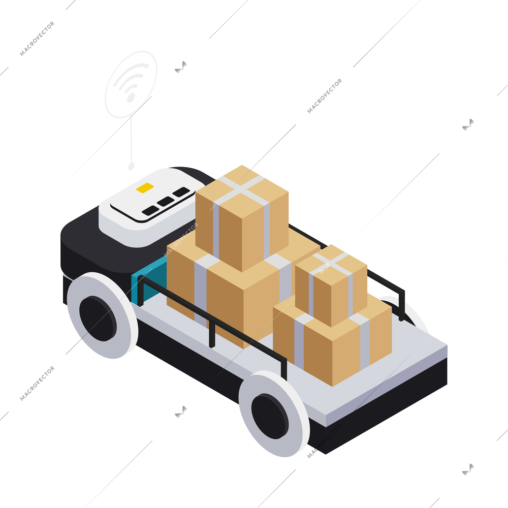 Isometric smart industry icon with robotic machine delivering cardboard boxes 3d vector illustration