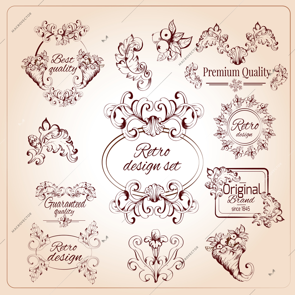 Retro leaf design elements premium brand calligraphic emblems set isolated vector illustration