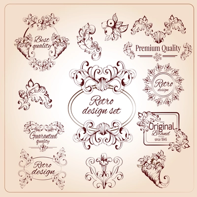 Retro leaf design elements premium brand calligraphic emblems set isolated vector illustration