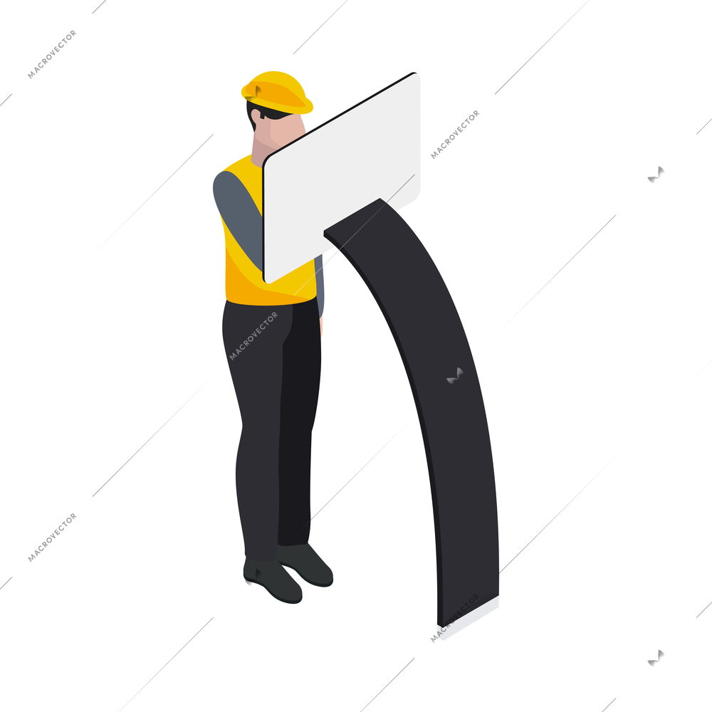 Isometric smart industry icon with worker and interactive board 3d vector illustration