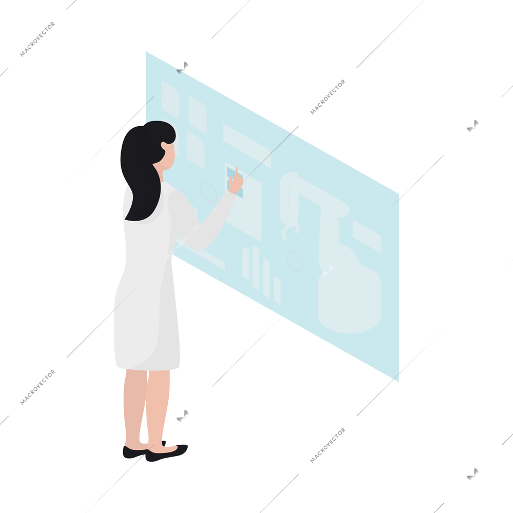 Isometric smart industry icon set with factory worker in front of interactive screen 3d vector illustration