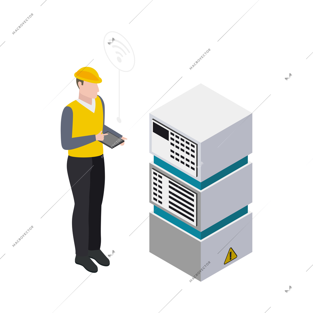 Smart industry icon with worker holding tablet working with remote controlled equipment 3d vector illustration