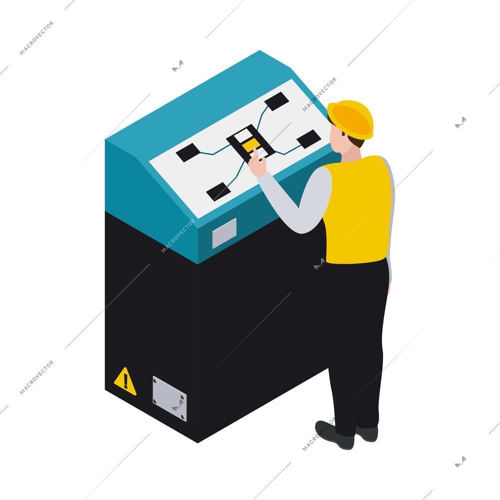 Isometric smart industry icon with factory worker and modern equipment 3d vector illustration