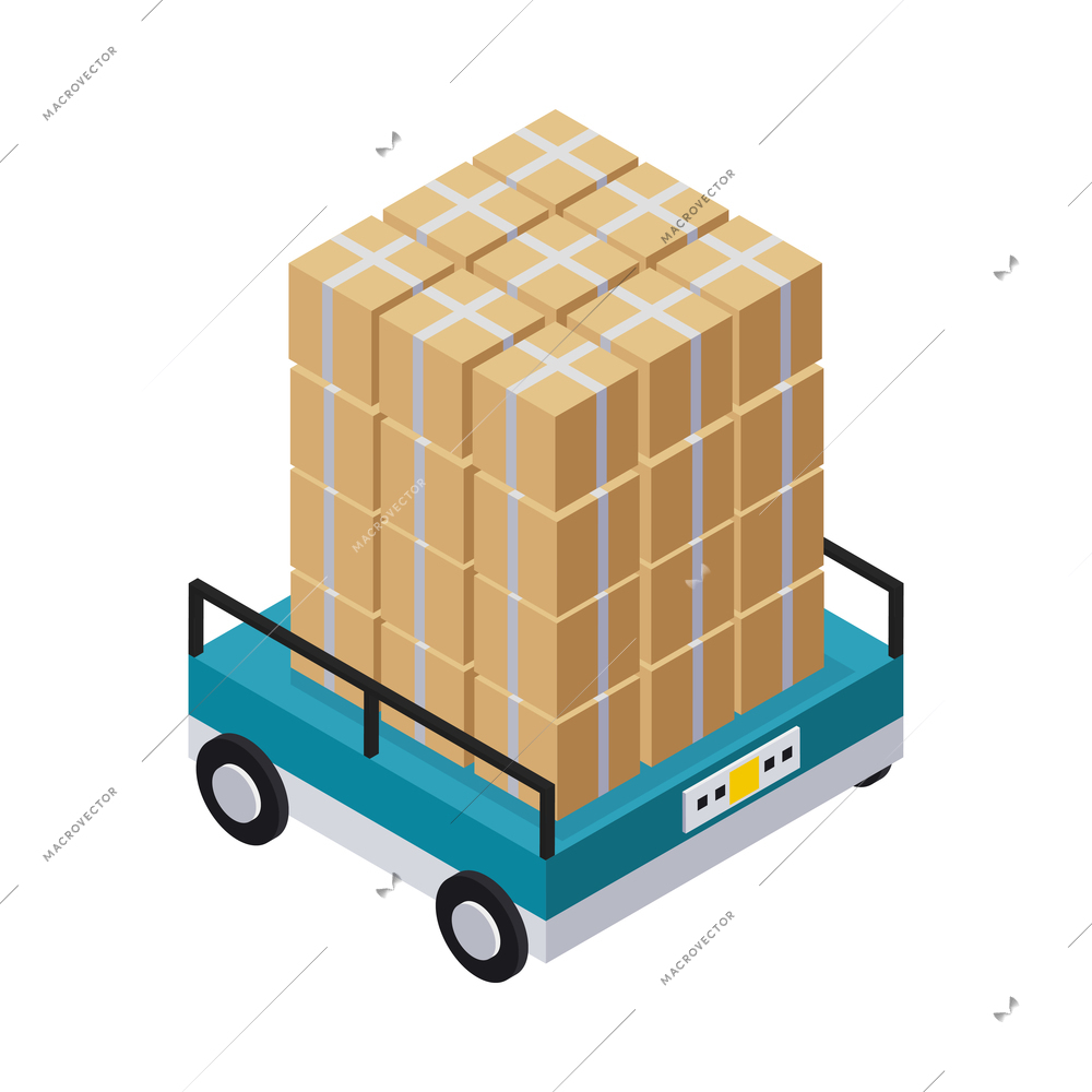 Isometric smart industry icon with robotic trolley carrying stack of cardboard boxes 3d vector illustration