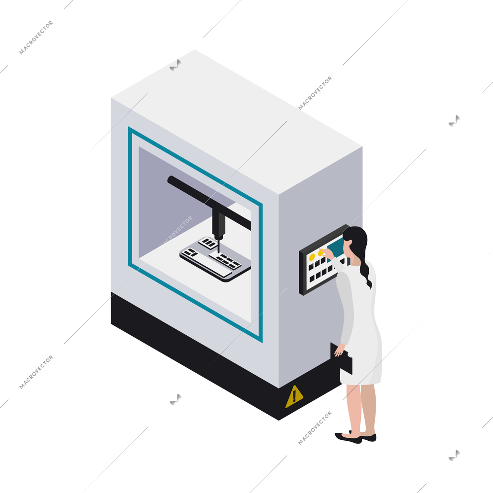 Innovative smart industry isometric icon with automated production equipment and female worker 3d vector illustration