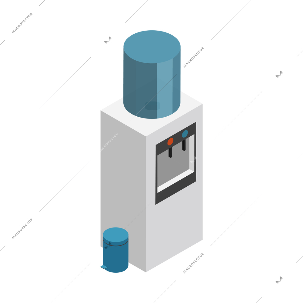 Isometric office water cooler and rubbish bin 3d vector illustration