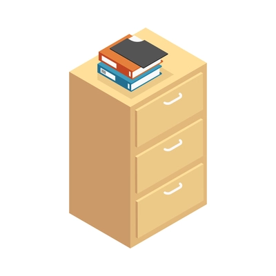 Isometric wooden chest of drawers with folders and binders 3d vector illustration