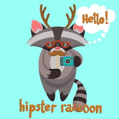 Funny hipster raccoon character with antlers mustaches and glasses vector illustration