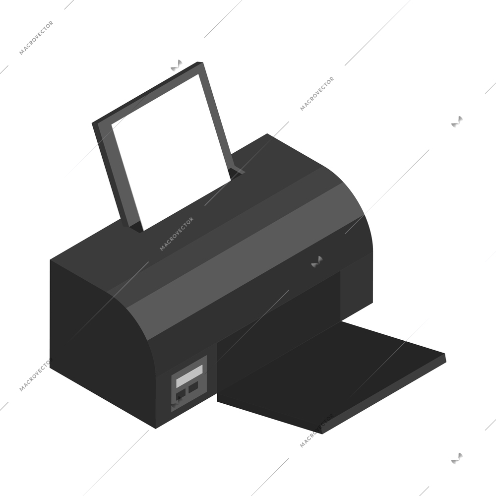 Isometric black office printer on white background 3d vector illustration