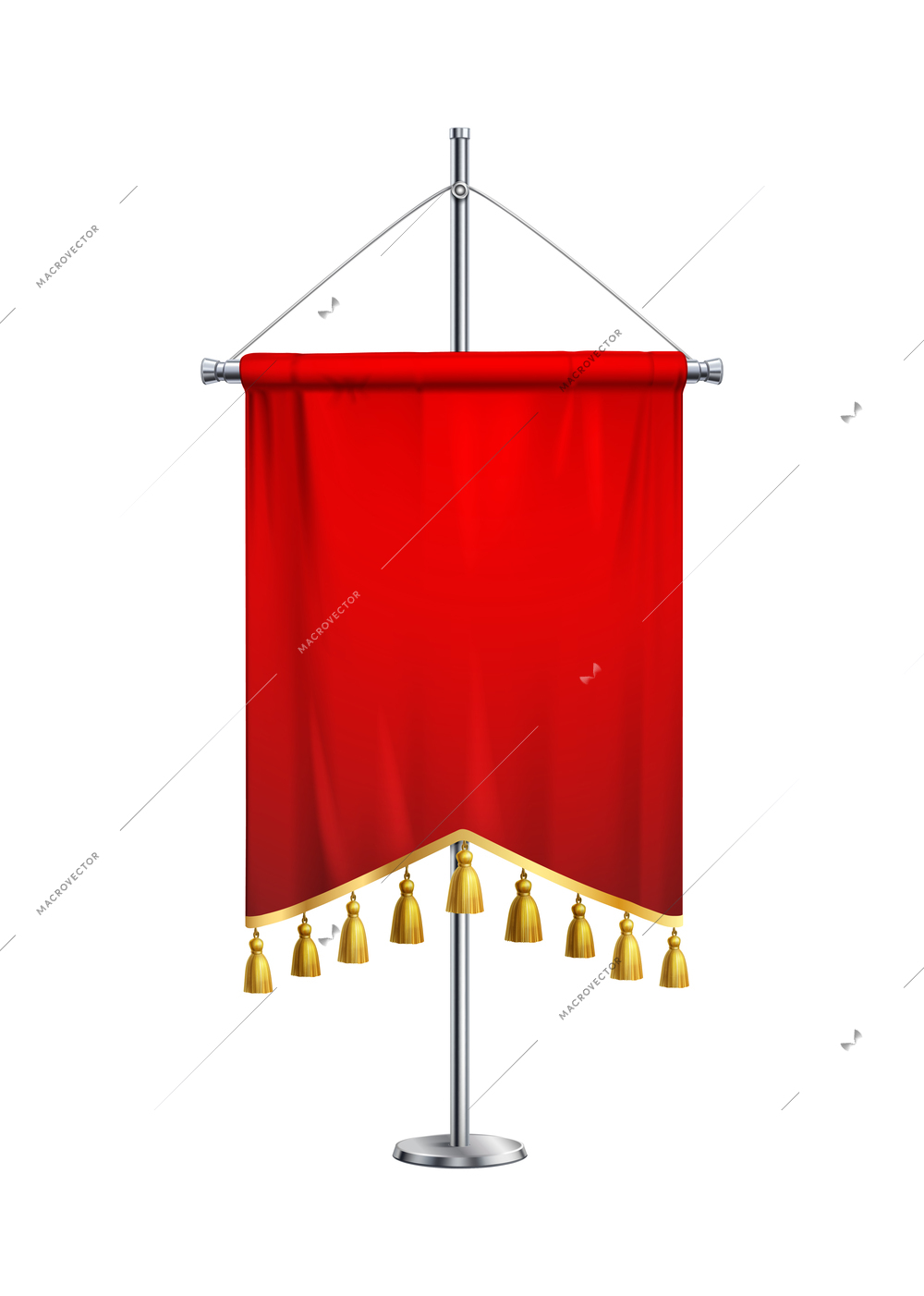 Realistic red fabric pennant with golden tassels on steel spire pedestal vector illustration