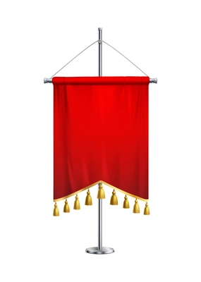 Realistic red fabric pennant with golden tassels on steel spire pedestal vector illustration